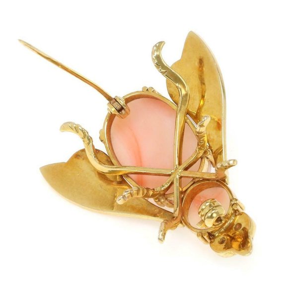 Vintage Diamond Coral 18k Yellow Gold Fly Brooch - Picture 3 of 4